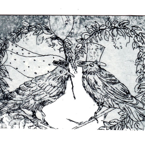 Vogelhochzeit - ACEO Braut Bräutigam Zylinder Herz Natur Original Radierung Illustration Druckgrafik Sammeln Tauschen Kunst