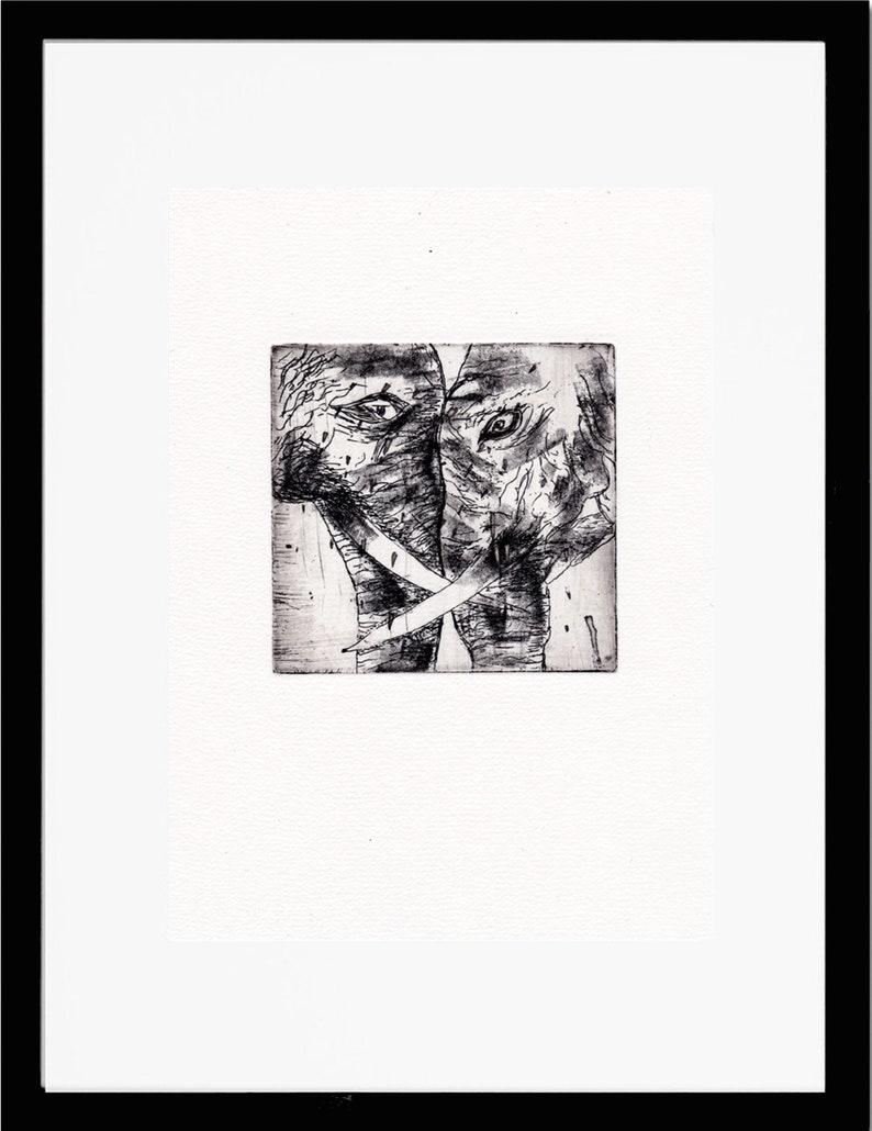 Elephant couple face to face Africa original etching lovers miniature for her, for him limited signed Marlene Neumann image 3