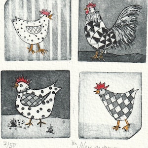 Verrückte lustige Hühner 4er Original-Radierung - Bauernhof - Illustration - Druckgrafik - limitierte Auflage: 30, koloriert