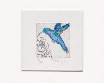 Hummingbird with passepartout - spring - nature - pond - original etching - miniature - limited - signed Marlene Neumann
