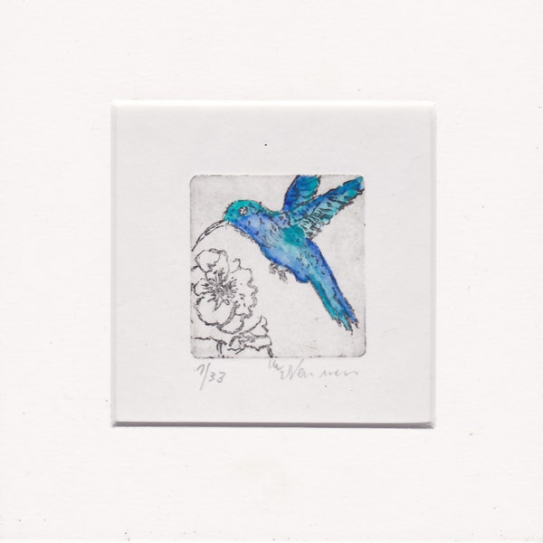 Hummingbird with passepartout - spring - nature - pond - original etching - miniature - limited - signed Marlene Neumann