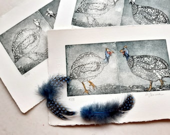 Perlhuhn Paar - Guinea fowl - Hühner - Bauernhof - Zoo - Geschenk - Original-Radierung - Druckgrafik - limitiert signiert Marlene Neumann