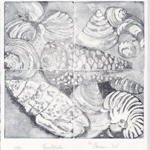 Può includere: Una stampa in bianco e nero di una natura morta di conchiglie. La stampa è divisa in quattro sezioni, ciascuna con una diversa disposizione di conchiglie. La stampa è firmata e numerata 1/130.