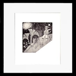 Peut inclure: Une illustration en noir et blanc d'un jeune garçon debout sur une colline avec une étoile au-dessus de sa tête. Le texte "Le petit prince" est écrit dans le coin inférieur gauche de l'image.