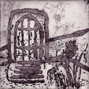 Può includere: Un disegno a inchiostro nero e bianco di un edificio con una finestra e un giardino. L'edificio ha uno stile semplice, quasi infantile, con un arco arrotondato e una finestra con barre verticali. Il giardino è pieno di piante e fiori stilizzati semplici.