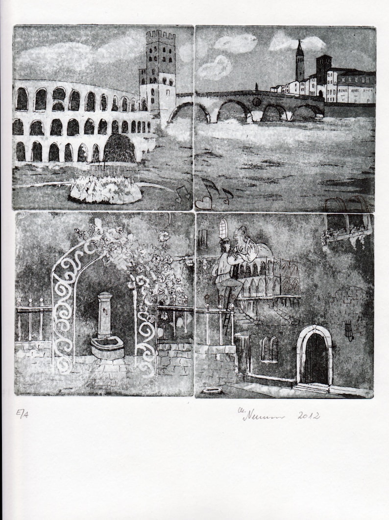 Etching Limited Edition Romeo /& Juliet Original Etching Italy Verona
