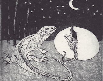 Lizard from the egg - offspring interior - series - original etching - aquatint - signed Marlene Neumann