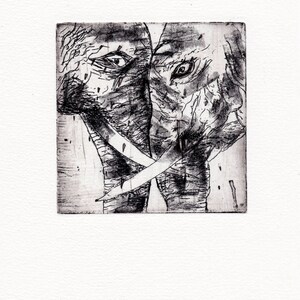 Elephant couple face to face Africa original etching lovers miniature for her, for him limited signed Marlene Neumann image 4