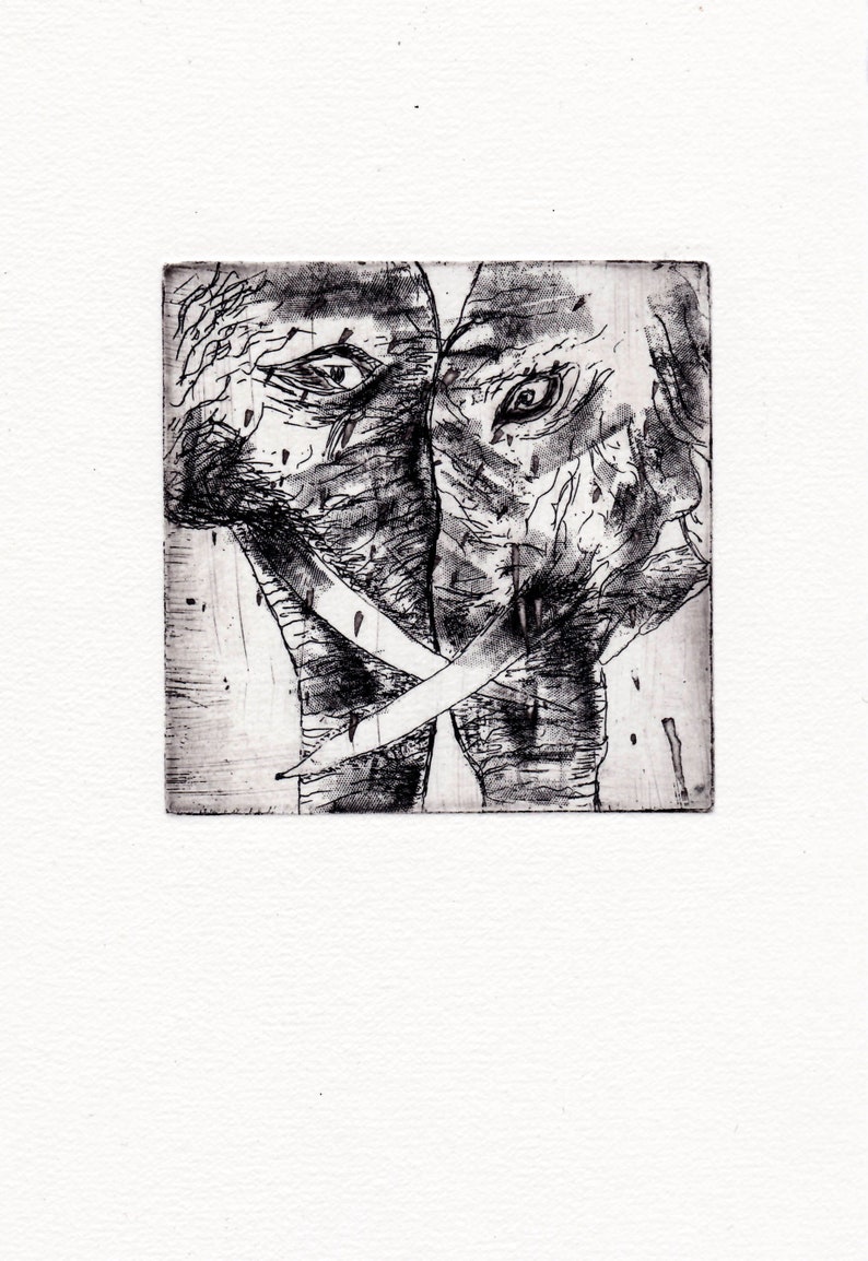 Elephant couple face to face Africa original etching lovers miniature for her, for him limited signed Marlene Neumann image 4