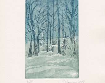 Winter landscape - snow - winter forest - Christmas - flowing - nature - original color etching - limited edition - gift - picture -