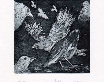 Raben - Crow - Rabenschwarz - original etching - printmaking - miniature - black - limited edition - signed Marlene Neumann