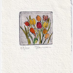 zarte Radierung - Tulpen zum Jahrestag - aquarelliert - Natur - Teich - Frühling - Druckgrafik - Miniatur -limitiert signiert M. Neumann