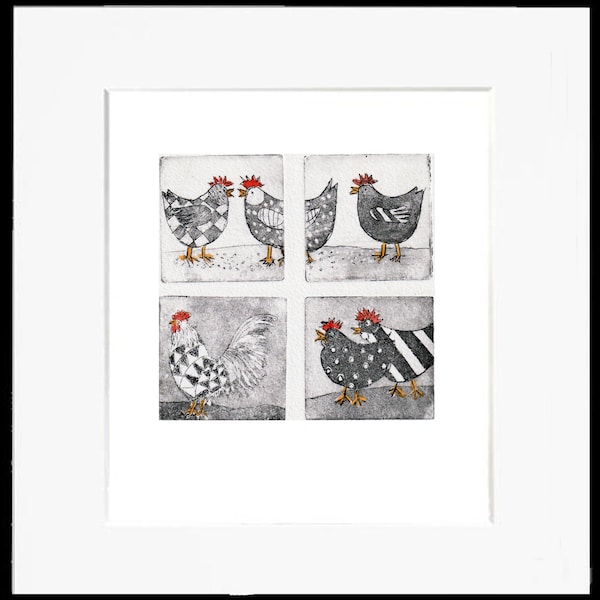 Funny chickens 4 original etching - farm - illustration - original etching - printmaking - limited edition: 30, colored