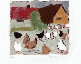 Albidylle, giorno di lavaggio del pollaio, natura primaverile - Xilografia originale - Tecnica di riduzione, 11 colori - Firmata Marlene Neumann