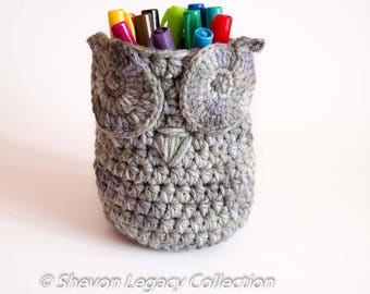 Crochet Pattern-Owl Basket Crocheted Bin Pen Holder Home Organizer