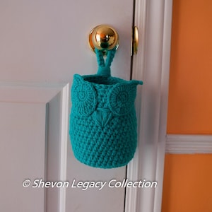 Peut inclure: Un panier suspendu en forme de hibou crocheté bleu turquoise avec une boucle pour l'accrocher. Le panier est suspendu à une porte blanche.