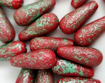 Czech Pressed Glass Drop Beads 20x8mm - Red Etched Mint - (93200-54322e)