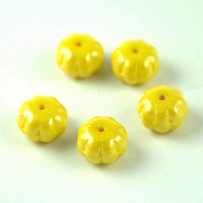 PUMPKIN-8x11-83120-14400 Yellow Luster 6 pieces Czech Pressed Glass Pumpkin Beads 8x11mm