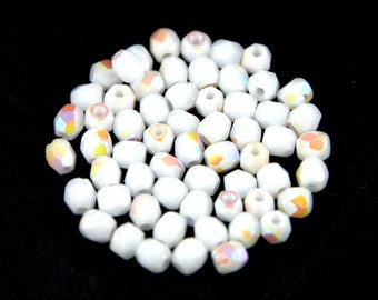 100pcs - Czech Firepolished Round Glass Beads - Opaque White AB - size: 3mm (FP-03000-28701-3mm)