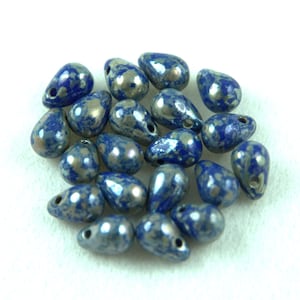 50pcs Czech Pressed Glass Teardrop Beads 4x6mm - Opaque Sapphire Picasso - (TEARDROP-33060-43400)