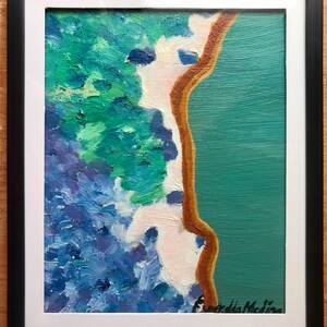 Abstract oil painting of the seashore. Comes with frame the measures 9.5 inches in width and 11.5 inches in height.