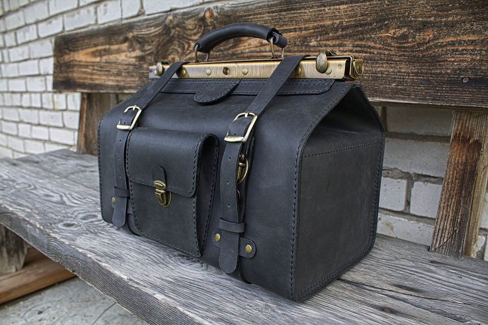 Medium Size Doctor Bag Genuine Black Leather Etsy