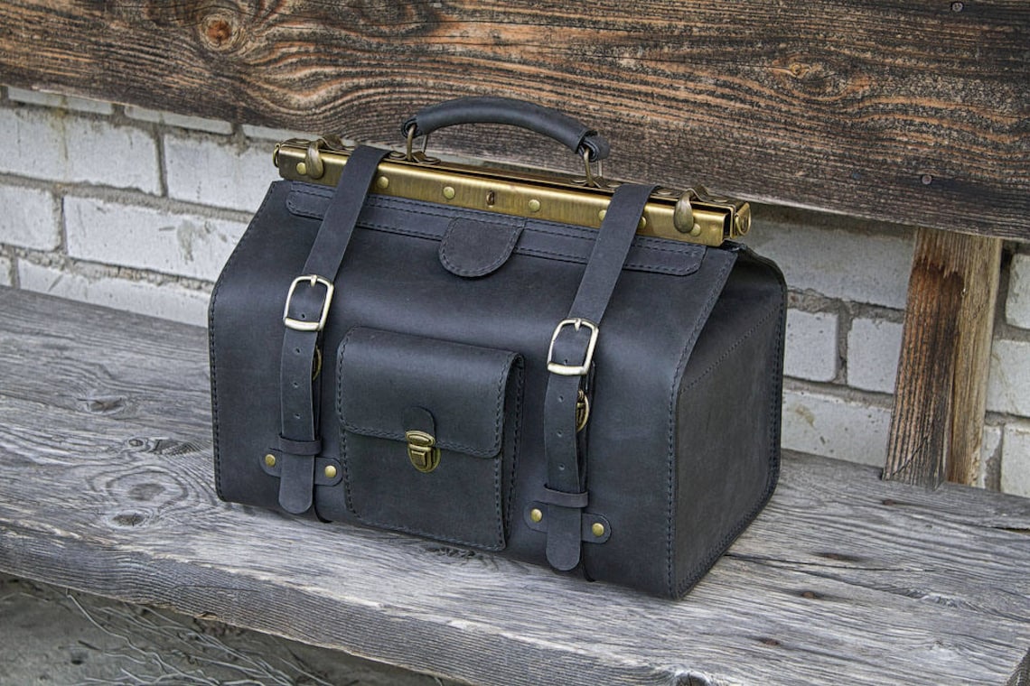 Medium Size Doctor Bag Genuine Black Leather Etsy