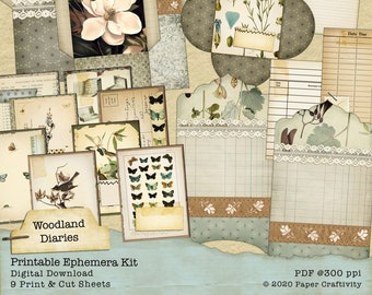 Woodland Diaries Printable Ephemera Kit, Junk Journal Digital Ephemera, Journal Ephemera Kit, Junk Journal Add-On