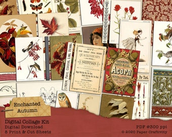 Enchanted Autumn Digital Collage Kit, Digital Printable Ephemera, Vintage Ephemera Art, Collage Snippets, Collage Sheets, Junk Journal
