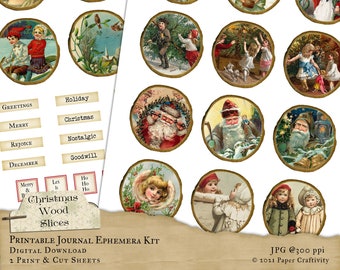 Printable Christmas Wood Slices, Digital Ephemera Kit, Printable Holiday Embellishments, Christmas Junk Journal, Christmas Clipart