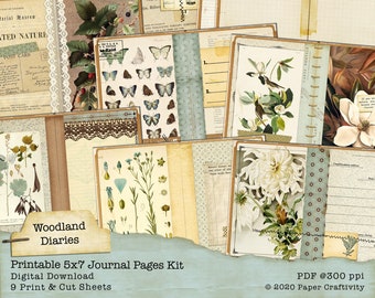 Woodland Diaries Printable Journal Pages, Digital Junk Journal Kit, 5x7 Junk Journal Kit, Downloadable Journal Pages, Vintage