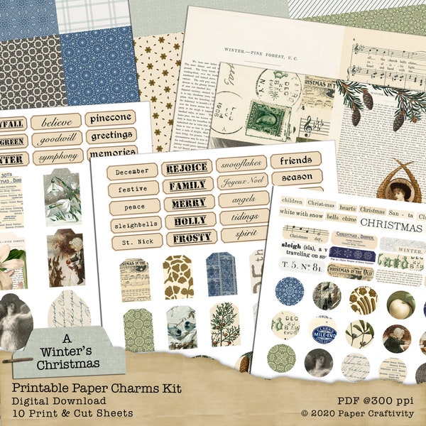 A Winter's Christmas Digital Paper Charms Kit, Vintage Christmas Ephemera Pack, Printable Digital Collage Sheets, Word Tags