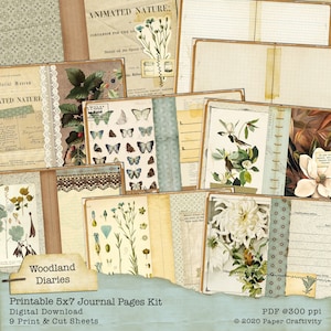 Woodland Diaries druckbare Journalseiten, Digital Junk Journal Kit, 5 x 7 Junk Journal Kit, Herunterladbare Journal Seiten, Vintage