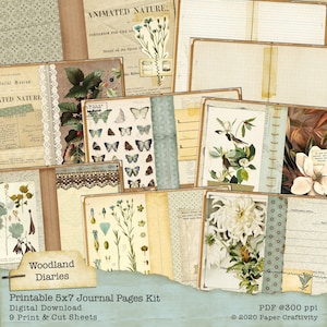 Woodland Diaries Printable Journal Pages, Digital Junk Journal Kit, 5x7 Junk Journal Kit, Downloadable Journal Pages, Vintage