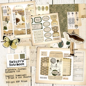 Nature's Notebook Digital Junk Journal Kit, Botanische Collagebladen, Vintage Afdrukbaar Junk Journal, Digitale flora en fauna, ephemera