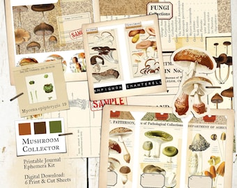 Mushroom Collector Printable Junk Journal Kit, Digital Toadstool & Mushroom Ephemera Kit, Vintage Botanical Illustrations, Mushroom Clipart