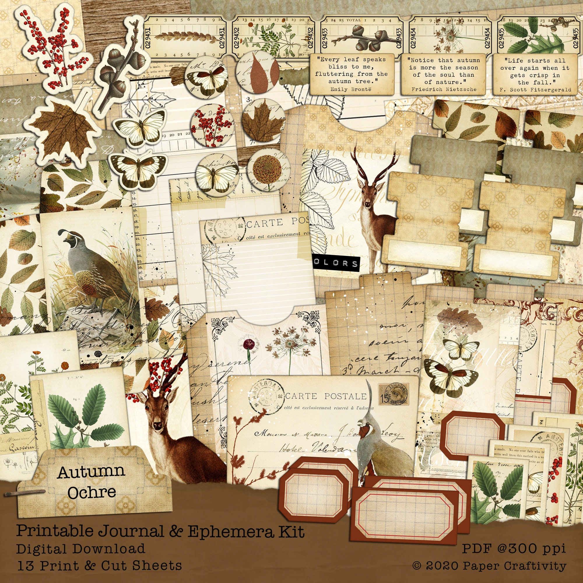 Printable Autumn Journal Kit Free Ephemera JPEGS and PNG Commercial use