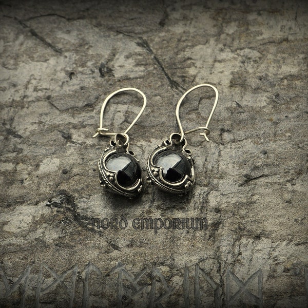 Gotland Earrings 10mm Sterling Silver, Natural Magnetite, Viking Woman, Medieval Style, Handmade Earrings, Gothic Jewelry