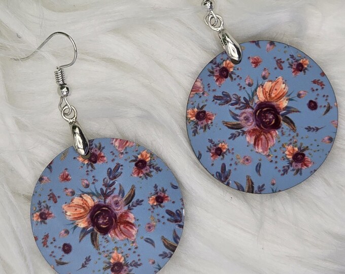 Flower Dangle Earrings, Blue Round Earrings with Flowers, Round Earrings
