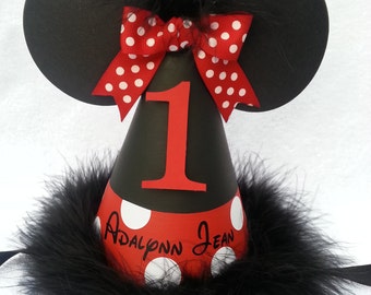 Handmade Minnie Mouse inspired party hat with name; red
