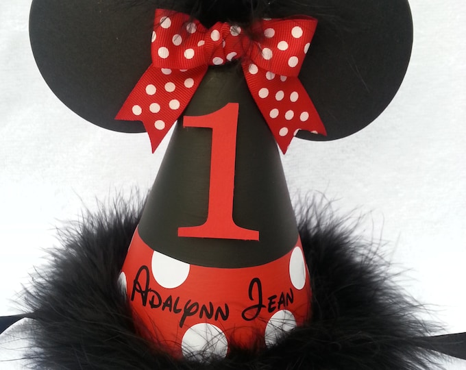 Handmade Minnie Mouse inspired party hat with name; red