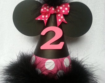 Minnie Mouse birthday party hat; dark pink; hot pink