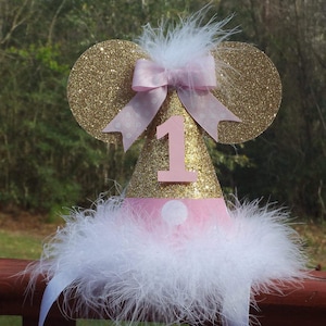 Cappello da compleanno di Minnie Mouse con glitter rosa e oro