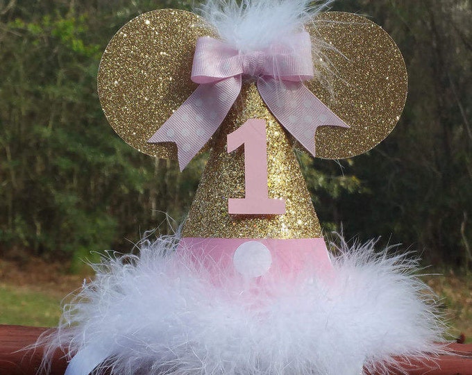 Pink and gold glitter Minnie Mouse birthday hat