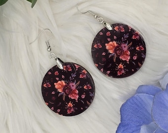 Flower Dangle Earrings, Black Round Earrings with Flowers, Round Earrings