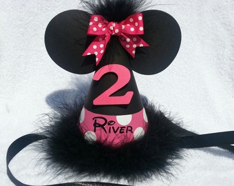 Minnie Mouse birthday party hat with name; dark pink; hot pink
