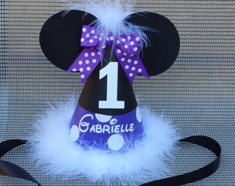 Minnie Mouse birthday party hat with name; purple; lavender