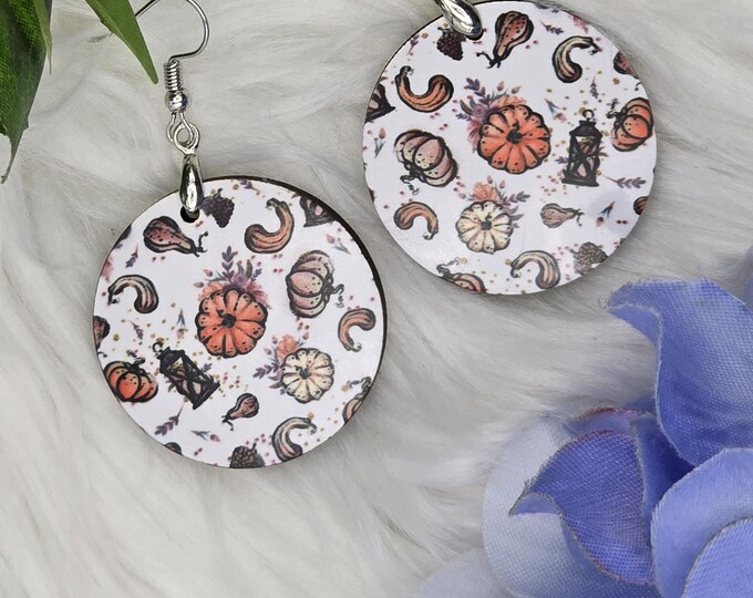 Fall Dangle Earrings, Round Earrings with Pumpkins, Gourds, and Lantern, Fall Jewelry, Round Earrings