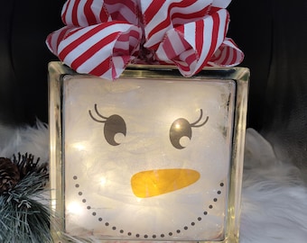 Lighted glass block; snowman glass block; Christmas decor; snowman decor