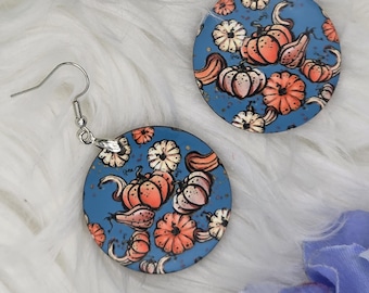 Fall Dangle Earrings, Blue Round Earrings with Pumpkins, Fall Jewelry, Round Earrings